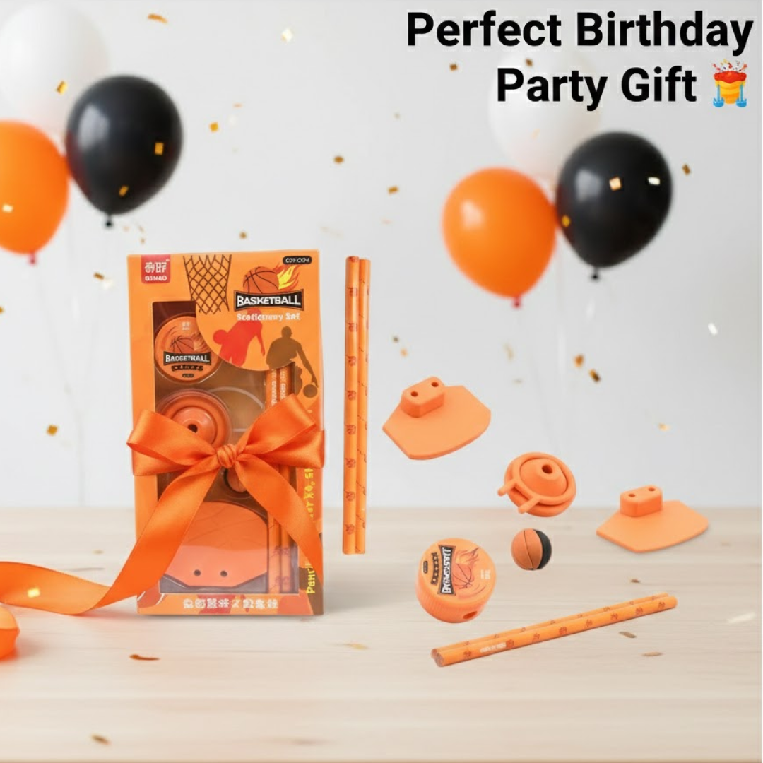 Football & Basketball Stationery Kit – Pencil, Sharpener & Eraser (Birthday Gift)